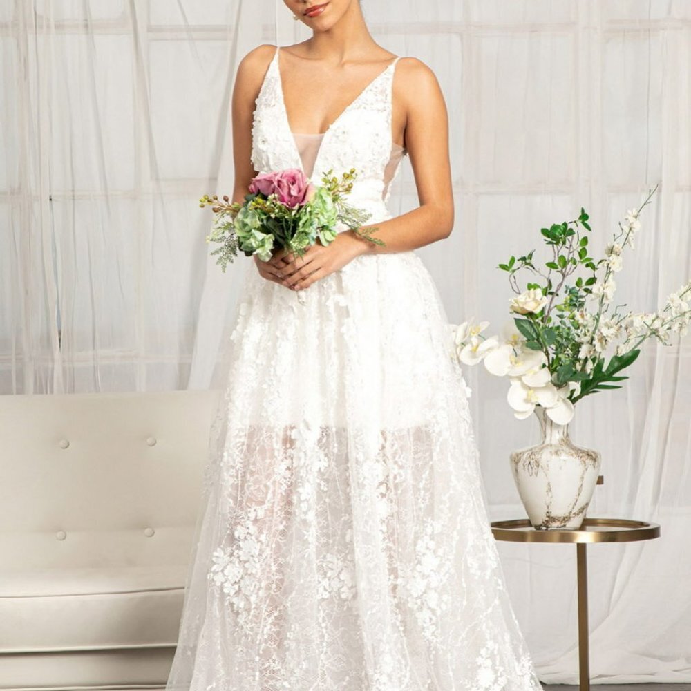 NEW OFF WHITE Floral 3D Applique Embellished Mesh V-Neck Wedding Dress Gl